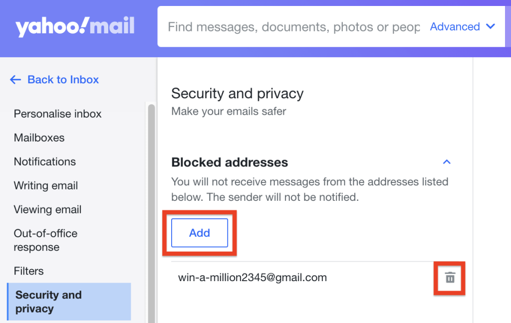 blocked addresses on Yahoo